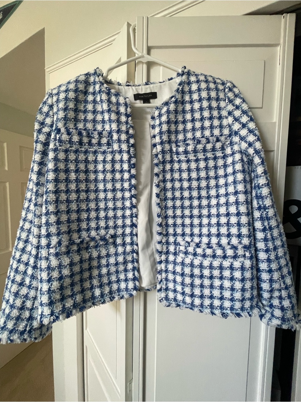 Ann Taylor Blue and White Tweed Collarless Jacket